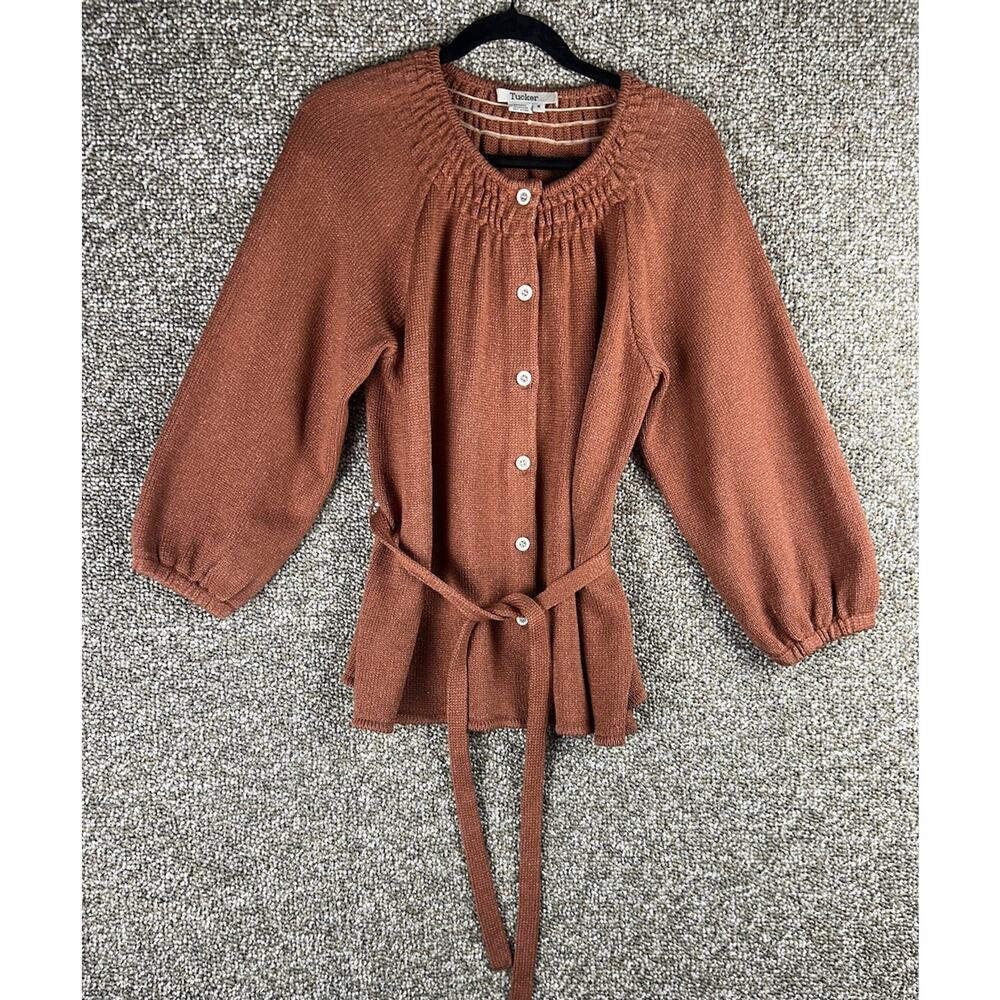 VTG TUCKER Silk Blend Belted Cardigan Rust Metallic Balloon Sleeve Sz Med Button